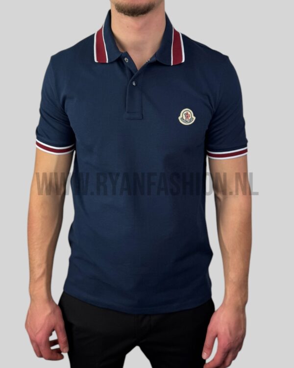 Moncler Striped Collar Cotton Piquet Polo Shirt Darkblue