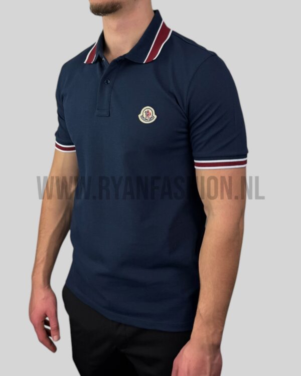 Moncler Striped Collar Cotton Piquet Polo Shirt Darkblue - Afbeelding 2