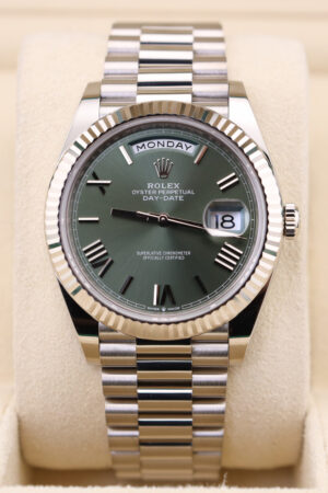 Rolex DayDate 40 White Gold Olive Green Roman Dial