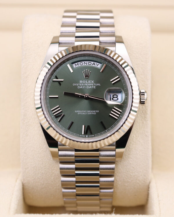 Rolex DayDate 40 White Gold Olive Green Roman Dial