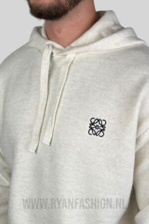 Loewe Embroidered Logo Knitted Hoodie Ecru