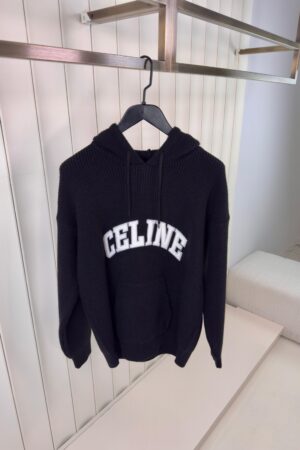 Celine Hooded Sweater In Ribbed Wool Black